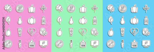 Set line Vegan food diet, Facial cosmetic mask, Essential oil bottle, Bell pepper, Pear, Leaf or leaves, Earth globe and leaf and Pumpkin icon. Vector