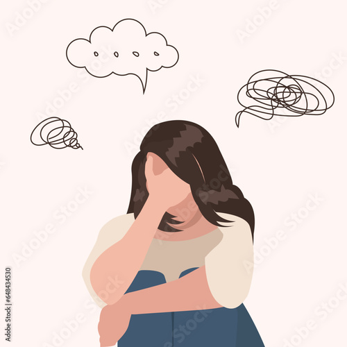 Female sits on floor with confused thoughts. Woman suffers from depression, girl closes face with palms in despair, girl wants to solve complex problems. Concept of fear, shame, social phobia. EPS10
