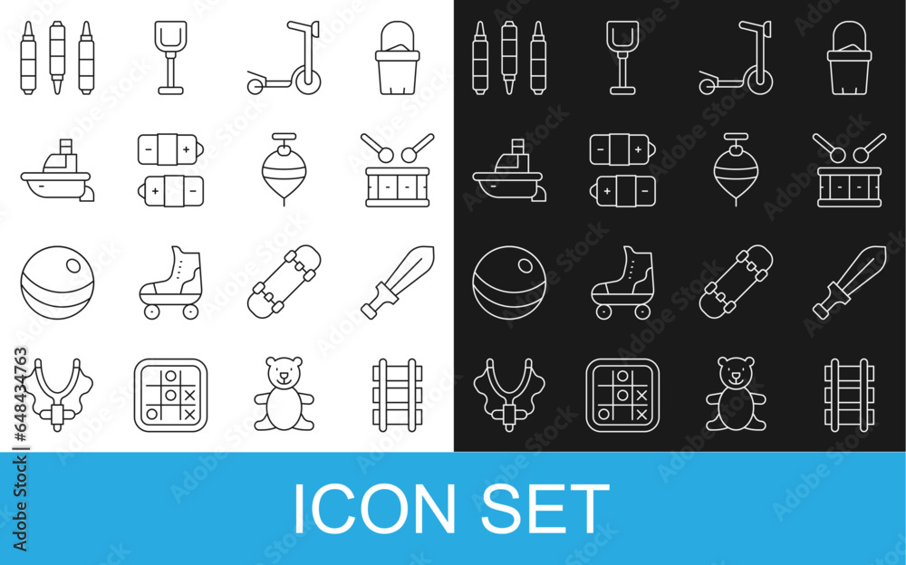 Set line Toy railway, Sword toy, Drum with drum sticks, Roller scooter, Battery, boat, Marker pen and Whirligig icon. Vector