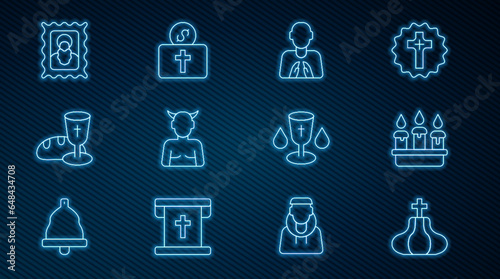 Set line Church tower  Burning candle in candlestick  Hands praying position  Krampus  heck  Goblet bread  Christian icon  chalice and Donation for church icon. Vector