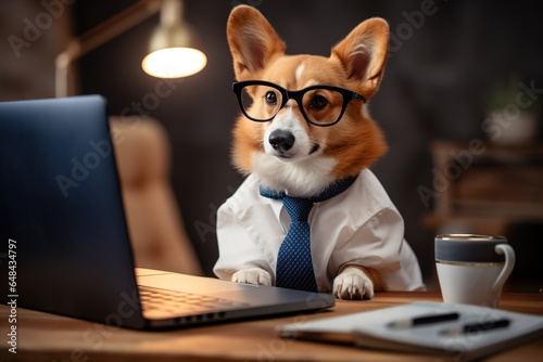 a dog with glasses and a tie works at a computer in his office, a corgi is a businessman or a manager in the office © екатерина лагунова