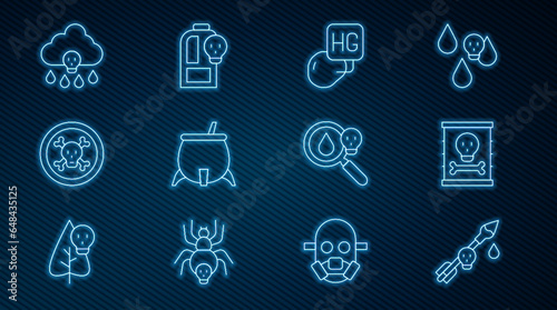 Set line Poison on the arrow, Radioactive waste in barrel, Drop of mercury, Witch cauldron, Bones and skull, Acid rain, magnifying glass and Beaker with toxic liquid icon. Vector