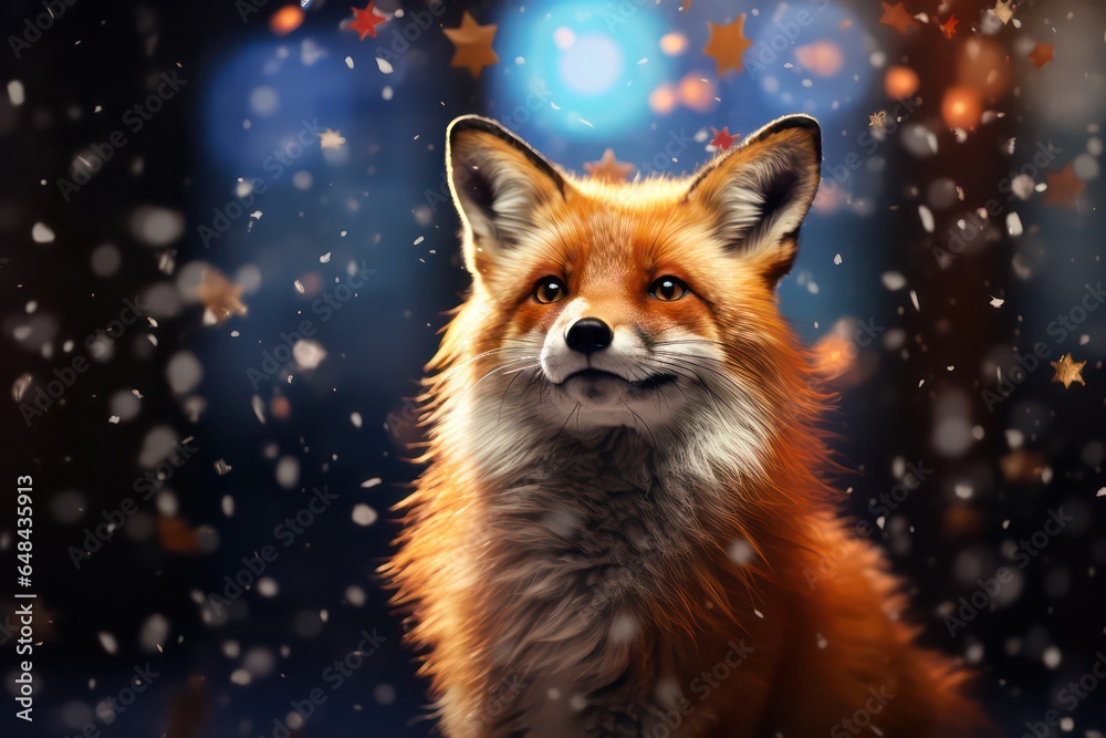 Fototapeta premium Red fox on a background of blue bokeh. christmas or New Year card.