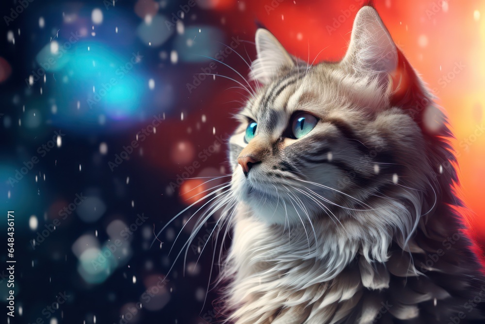 Maine coon cat with blue eyes and snowflakes on  on abstract background with fireworks and snow bokeh red and blue background,  christmas and new year concept