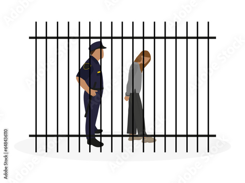 Policeman and female character in handcuffs behind bars on a white background