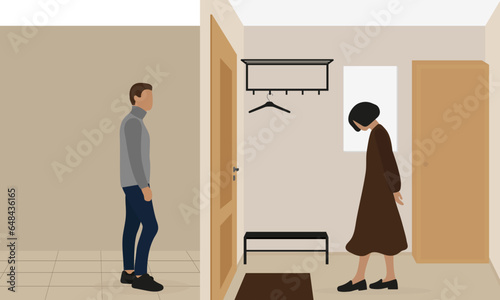 A male character and a female character are on opposite sides of the same door indoors