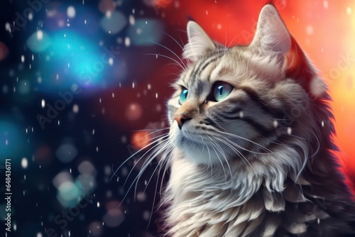Maine coon cat with blue eyes and snowflakes on  on abstract background with fireworks and snow bokeh red and blue background,  christmas and new year concept