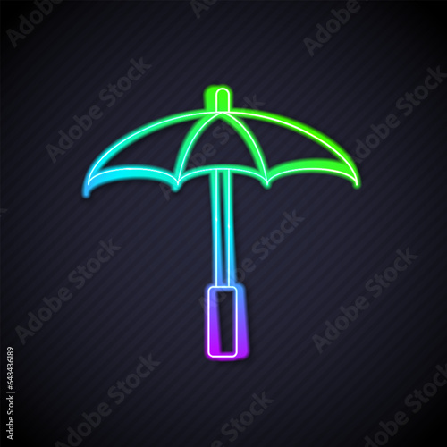 Glowing neon line Sun protective umbrella for beach icon isolated on black background. Large parasol for outdoor space. Beach umbrella. Vector