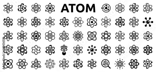 Atom icon set. Science and physics symbol, atomic structure, electron, proton, particle and molecule sign. Vector illustration.