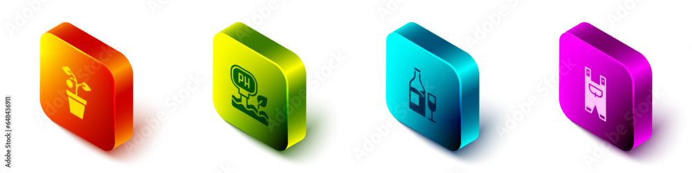 Set Isometric Plant in pot, Soil ph testing, Wine bottle with glass and Garden worker clothes icon. Vector Set Isometric Plant in pot, Soil ph testing, Wine bottle with glass and Garden worker clothes icon. Vector