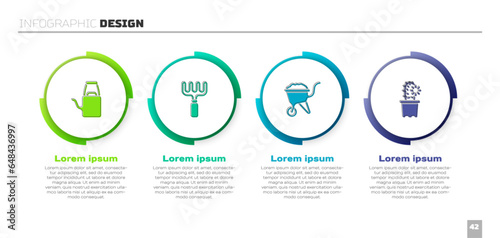 Set Watering can, Garden rake, Wheelbarrow with dirt and Cactus peyote pot. Business infographic template. Vector