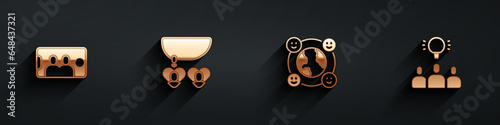 Set Selfie on mobile, Necklace with heart shaped, International community and Project team base icon with long shadow. Vector