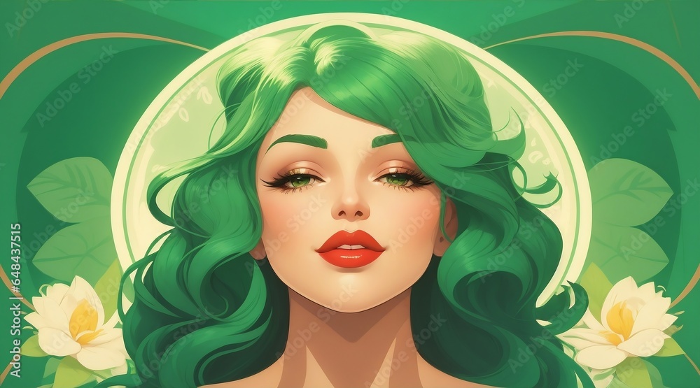 A Green stylized, cartoon-like illustration of a woman with lush, inviting lips, surrounded by a halo of love and affection.Created with generative AI