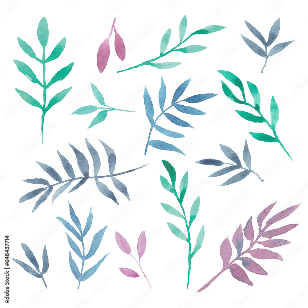 Hand drawn watercolor decorative eucalyptus or palm branches with colorful leaves: purple, mint, navy blue. Good for prints design, wedding invitations, greeting cards, posters, packing, textile