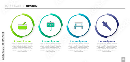 Set Mortar and pestle, Sauna, wood bench and Honey dipper stick. Business infographic template. Vector