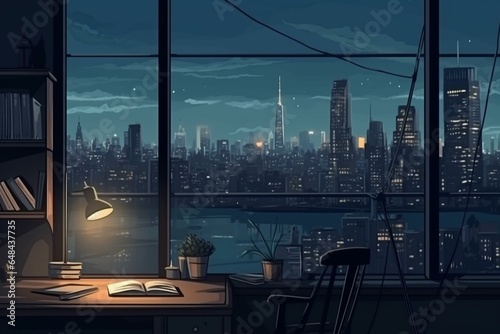 Workspace with cityscape view. Generative AI