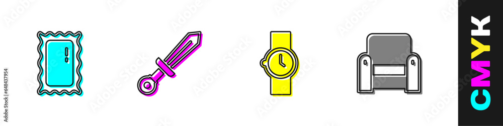 Set Big full length mirror, Medieval sword, Wrist watch and Armchair icon. Vector Set Big full length mirror, Medieval sword, Wrist watch and Armchair icon. Vector