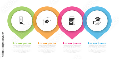 Set Drinker for small pets, Pet house, Bag of food and Hands with animals footprint. Business infographic template. Vector