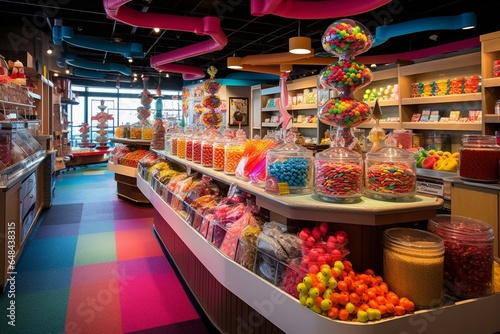 Vivid candy store decor adorned with various colorful treats captivates customers. Generative AI
