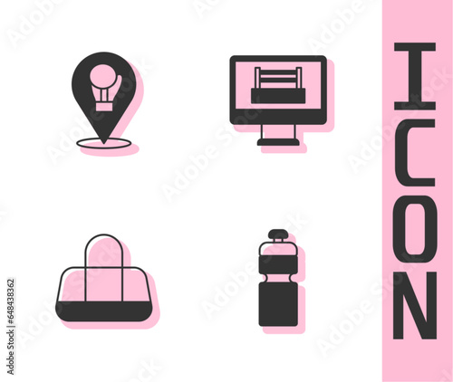 Set Fitness shaker, Boxing glove, Sport bag and ring icon. Vector