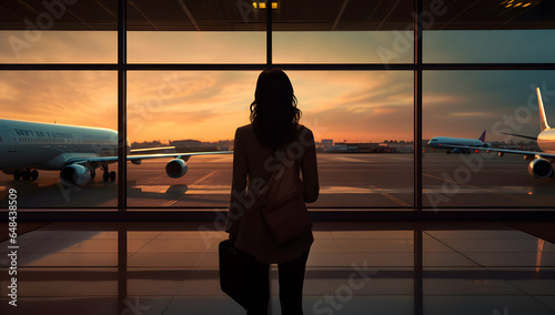 Silhouette of woman looking out at an airport