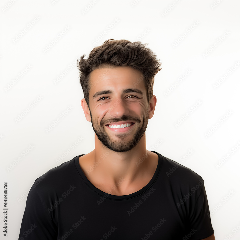 Obraz premium a closeup photo portrait of a handsome man smiling with clean teeth. used for a dental ad. guy with fresh stylish hair and beard with strong jawline. isolated on white background. Generative AI
