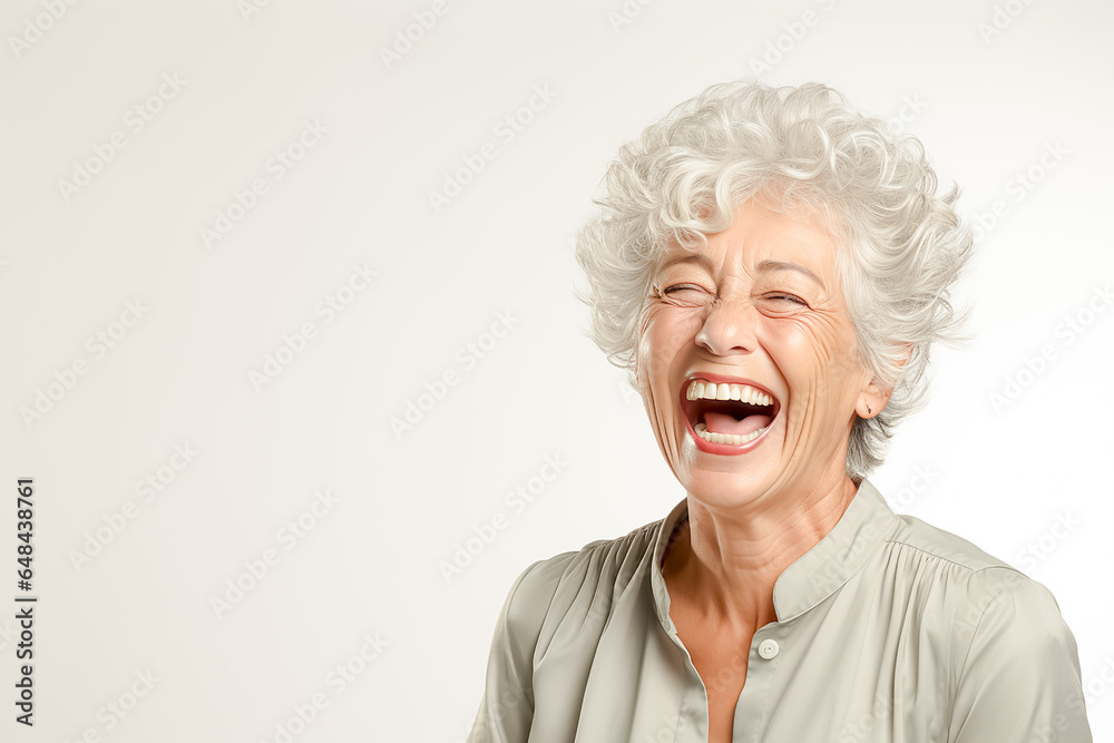 a closeup photo portrait of a beautiful elderly senior model woman with short grey hair laughing and smiling with clean teeth. used for a dental ad. isolated on white background. Generative AI a closeup photo portrait of a beautiful elderly senior model woman with short grey hair laughing and smiling with clean teeth. used for a dental ad. isolated on white background. Generative AI
