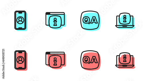 Set line Question and Answer, Telephone 24 hours support, Monitor with FAQ information and Laptop icon. Vector