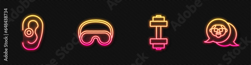 Set line Dumbbell, Hearing aid, Eye sleep mask and Grandfather. Glowing neon icon. Vector