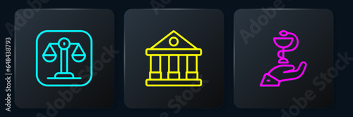 Set line Scales of justice, Caduceus snake medical and Courthouse building. Black square button. Vector