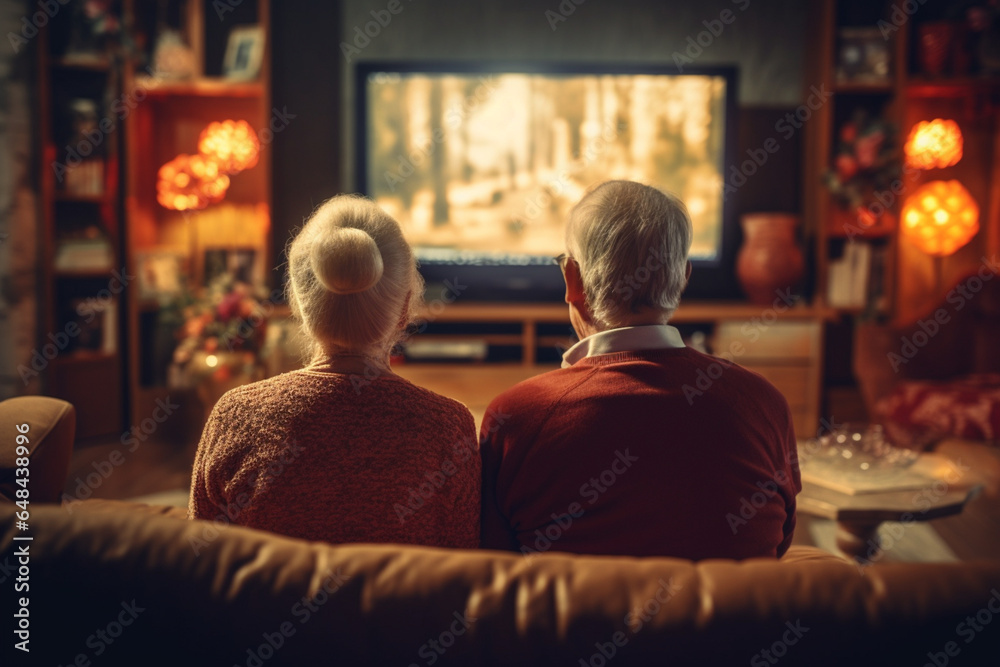 Senior couple sitting on sofa and watching television show at home, rear view Senior couple sitting on sofa and watching television show at home, rear view