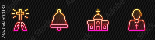 Set line Church building, Hands praying position, bell and Priest. Glowing neon icon. Vector