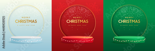 Set of holiday Christmas showcase backgrounds with 3d podium and golden arch. Vector illustration