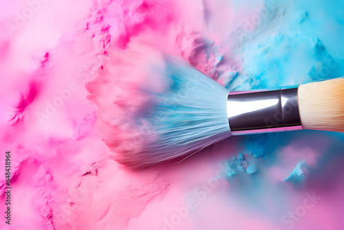 Makeup brush with colored powders in the air 