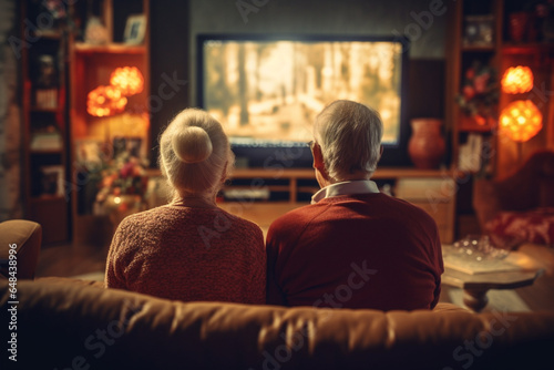 Senior couple sitting on sofa and watching television show at home, rear view
