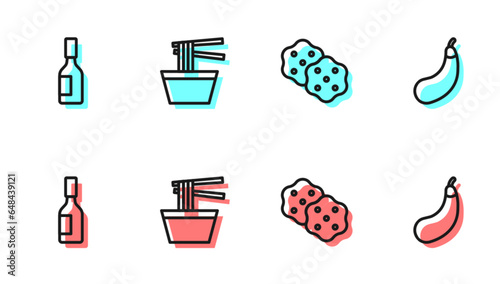 Set line Cracker biscuit, Tabasco sauce, Asian noodles in bowl and Eggplant icon. Vector photo