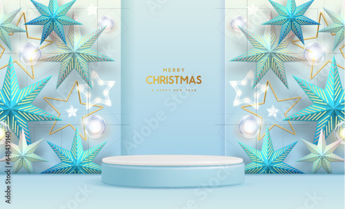 Christmas holiday showcase background with 3d podium, Christmas stars and electric lamps. Vector illustration