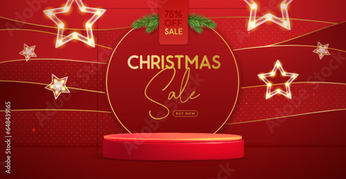 Christmas holiday big sale banner with 3d podium, Christmas stars and wave sparkle background. Vector illustration