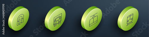 Set Isometric line Rafting boat, Delivery cargo truck, Cable and Train and railway icon. Vector