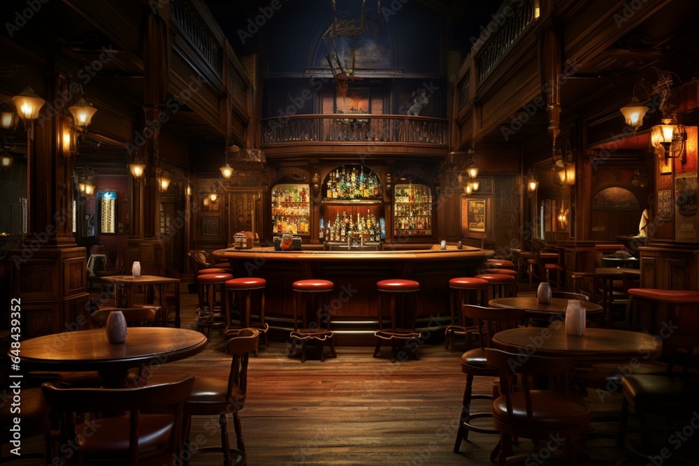 Old-fashioned saloon with a cinematic atmosphere and a view of the table. Generative AI