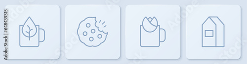 Set line Cup of tea with leaf, rose, Cookie or biscuit and Paper package for milk. White square button. Vector