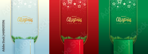 Set of holiday Christmas showcase backgrounds with 3d podium and stars. Vector illustration