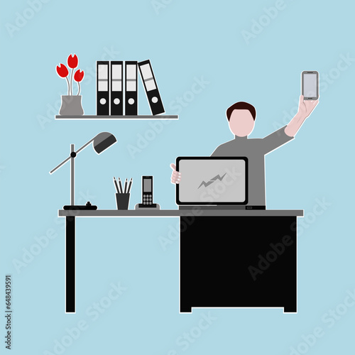Startup concept. A happy man sits at the table, with laptops. Cartoon business people working in the office and using social networks. Vector design