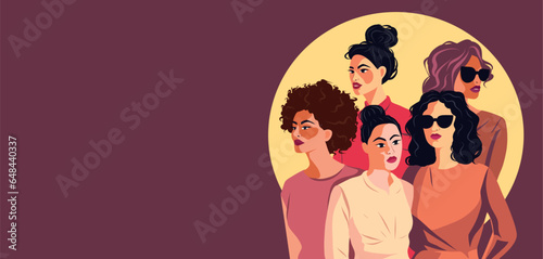 Vector flat banner of pastel colors for International Women's Day, beautiful women of different cultures and nationalities. Vector concept of movement for gender equality and women's empowerment