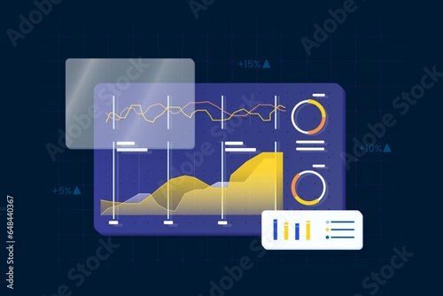 Data analytics, strategy and planning report on the desktop screen with dark background. Business growth is up.