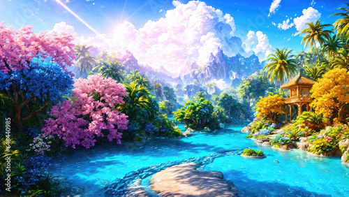 Paradise garden full of flowers, beautiful idyllic background with many flowers in eden, 3d illustration.