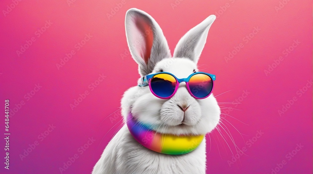 Cool white bunny with sunglasses on colorful background.