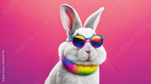 Cool white bunny with sunglasses on colorful background.