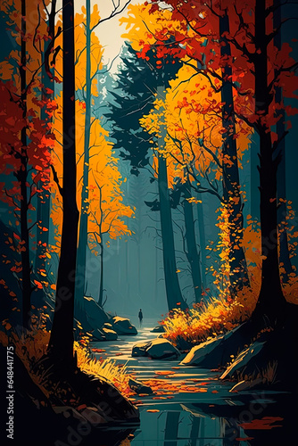 The beautiful scenery of autumn forest. Generative AI