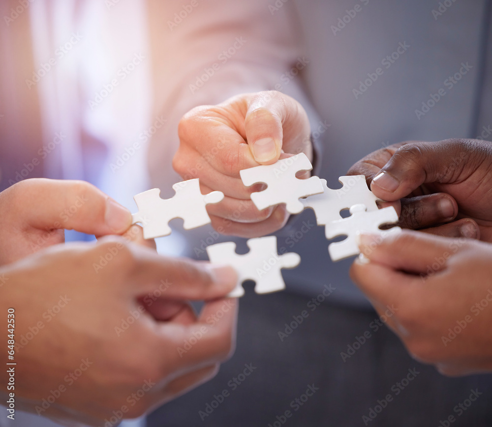 Business people, hands and teamwork with puzzle collaboration for problem solving, growth and development. Meeting, diversity and coworking jigsaw in team building huddle, men and women with solution Business people, hands and teamwork with puzzle collaboration for problem solving, growth and development. Meeting, diversity and coworking jigsaw in team building huddle, men and women with solution